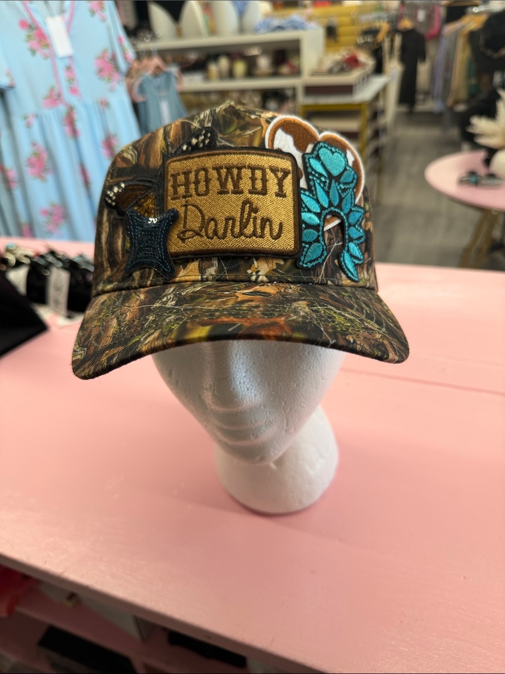 Howdy Darlin Camo Baseball Cap with Turquoise Accents